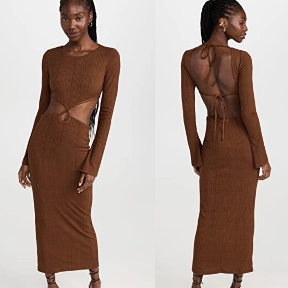 RUMER Oasis Slinky Ribbed Chocolate Brown Classy Chic Midi Dress Size XS